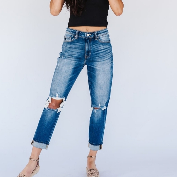 KanCan Boyfriend Blue Jeans Denim Pants Relaxed Fit Distressed Cuffed Blue 7 27 - Picture 1 of 16